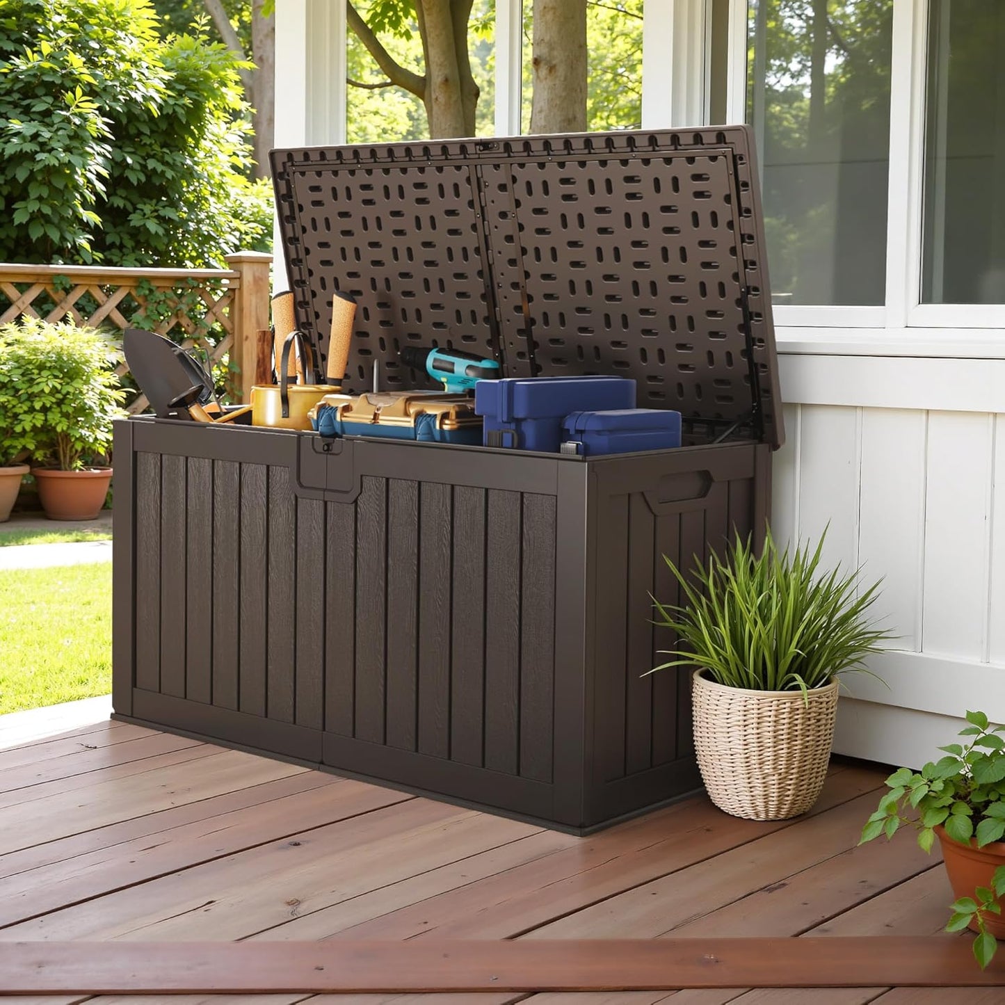 Devoko 240 Gallon Double-Wall Deck Box with Divider, Side Handles, Resin Outdoor Large Storage Box