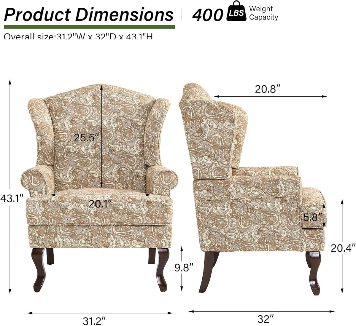 Accent Chair, High Back Upholstered Armchair with High Resilience Sponge & Wood Legs, Mid-Century