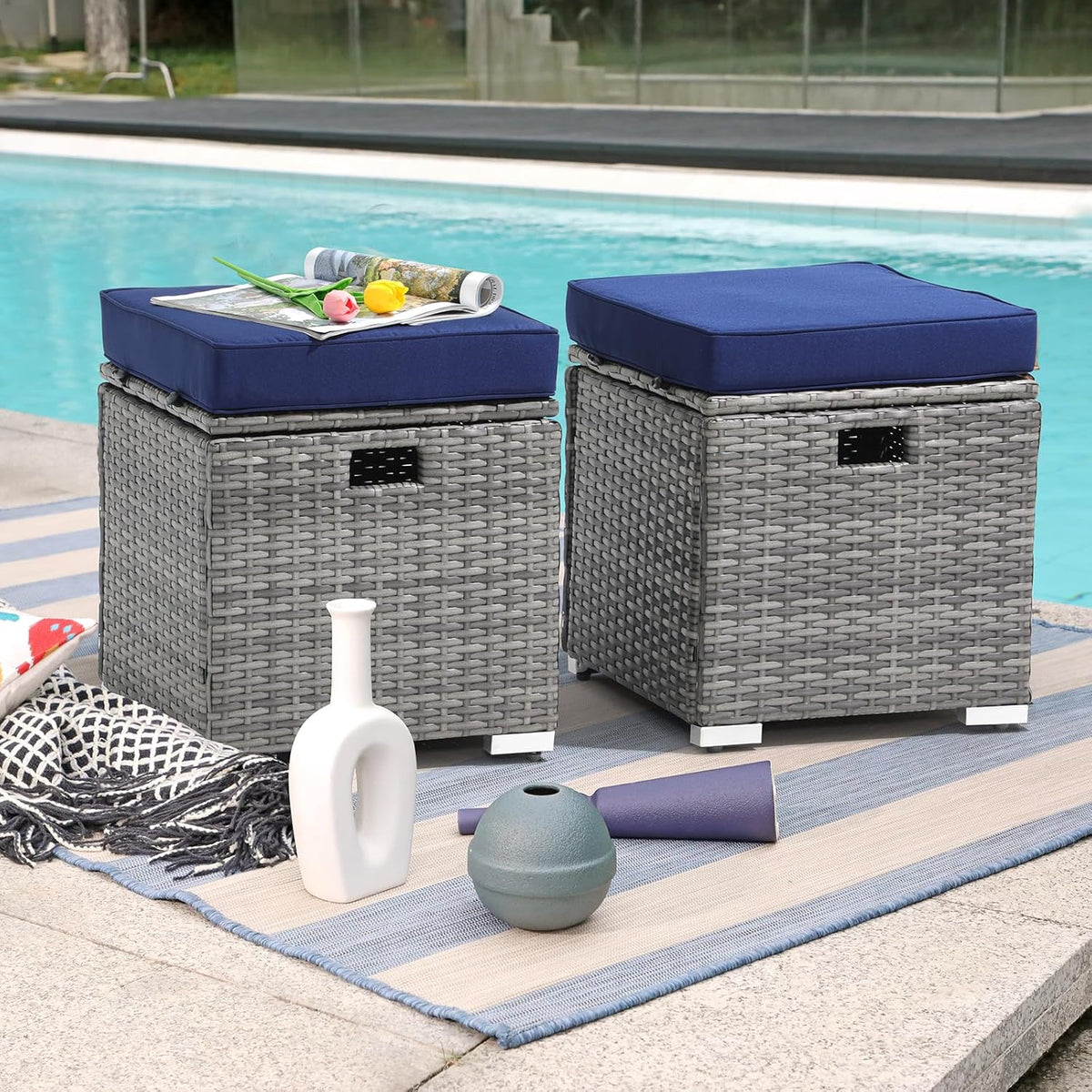 Patiorama 2 Piece Outdoor Patio Ottomans,All-Weather Grey PE Rattan Wicker Ottoman with