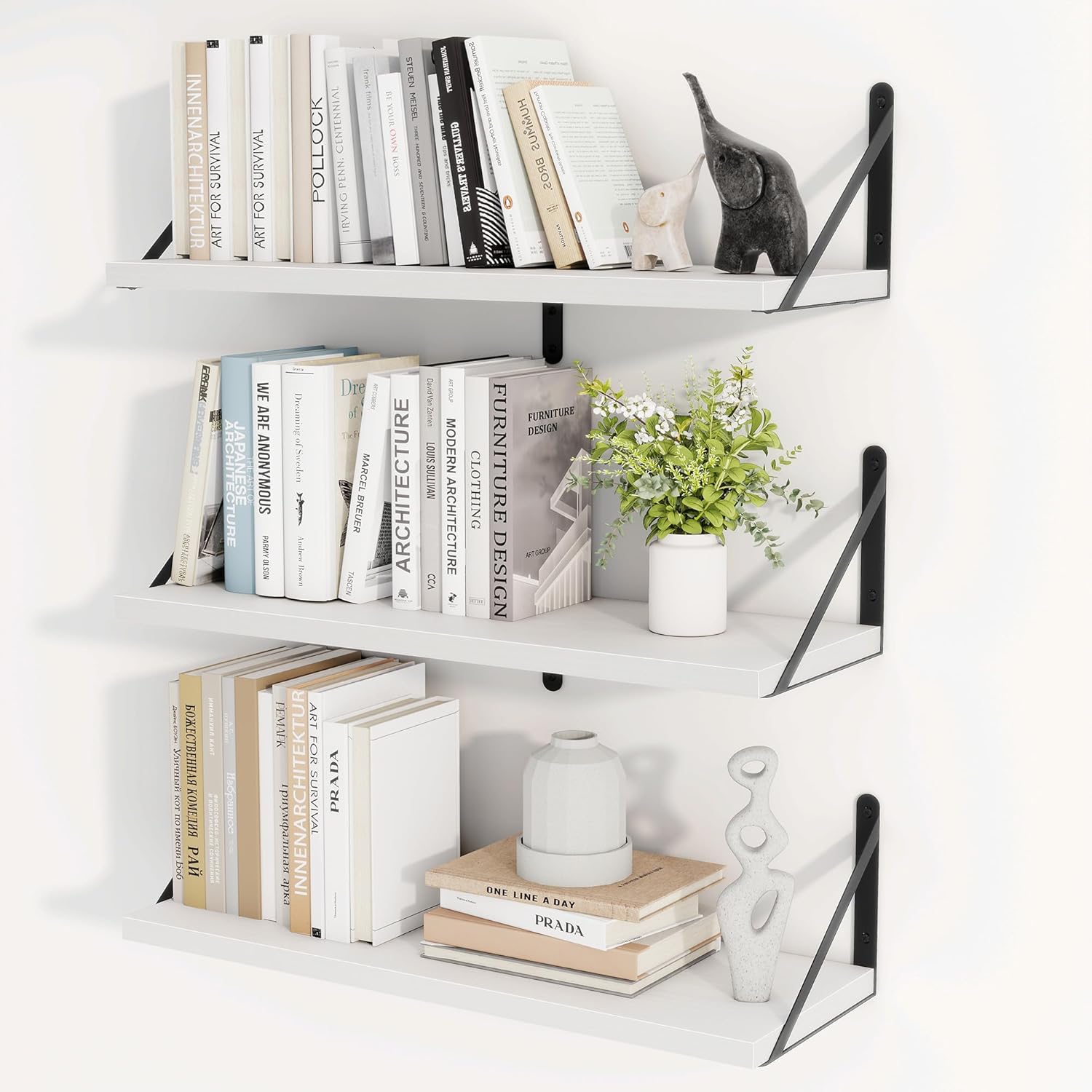 Heimlove 24 Inches White Floating Shelves,8 Inches Deep Wall Bookshelf Mounted Display&Storage Wood