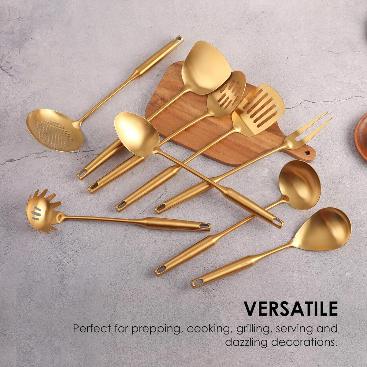 Gold Kitchen Utensils Set - 18/10 Stainless Steel Cooking Tools, 15" All Metal Serving Utensils