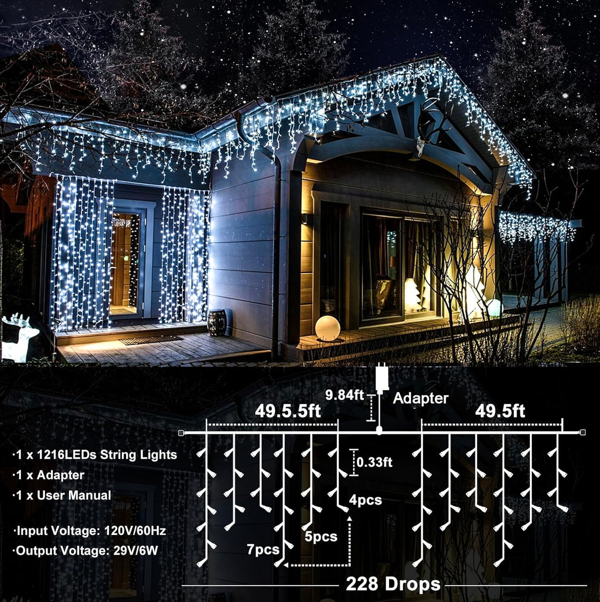 99ft 1216 LED Icicle Christmas Lights Outdoor - 8 Modes Icicle Lights with 228 Drops, Waterproof