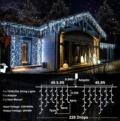 99ft 1216 LED Icicle Christmas Lights Outdoor - 8 Modes Icicle Lights with 228 Drops, Waterproof