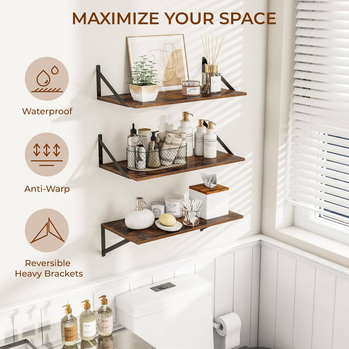 Heimlove 24" W x 12" D Wall Shelves for Books, 12 Inch Deep Floating Shelves Set of 3, Wide