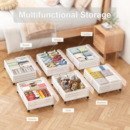 Under Bed Storage Containers With Wheels - 2 Pcs Bamboo Wood Rolling Underbed Shoe Storage Bins