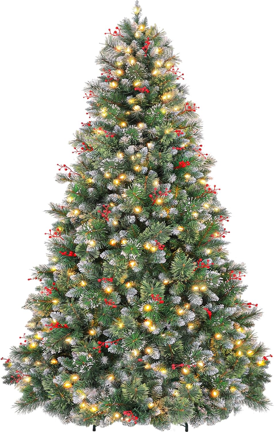 Hykolity 7.5 ft Prelit Artificial Christmas Tree, Partially Frosted Christmas Pine Tree with Red