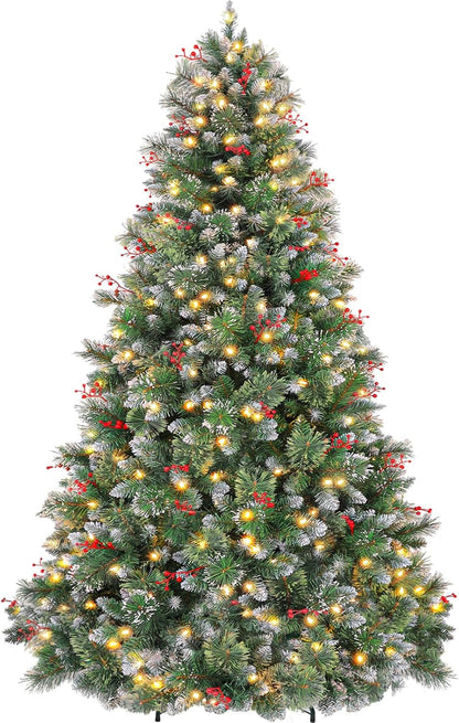 Hykolity 7.5 ft Prelit Artificial Christmas Tree, Partially Frosted Christmas Pine Tree with Red