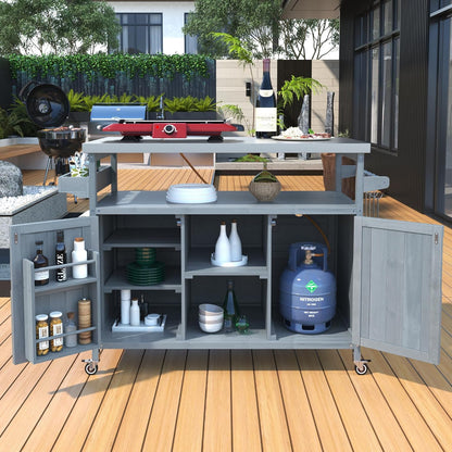 50.25" Outdoor Kitchen Island with Rolling Bar Cart & Storage Cabinet, Farmhouse Solid Wood Grill