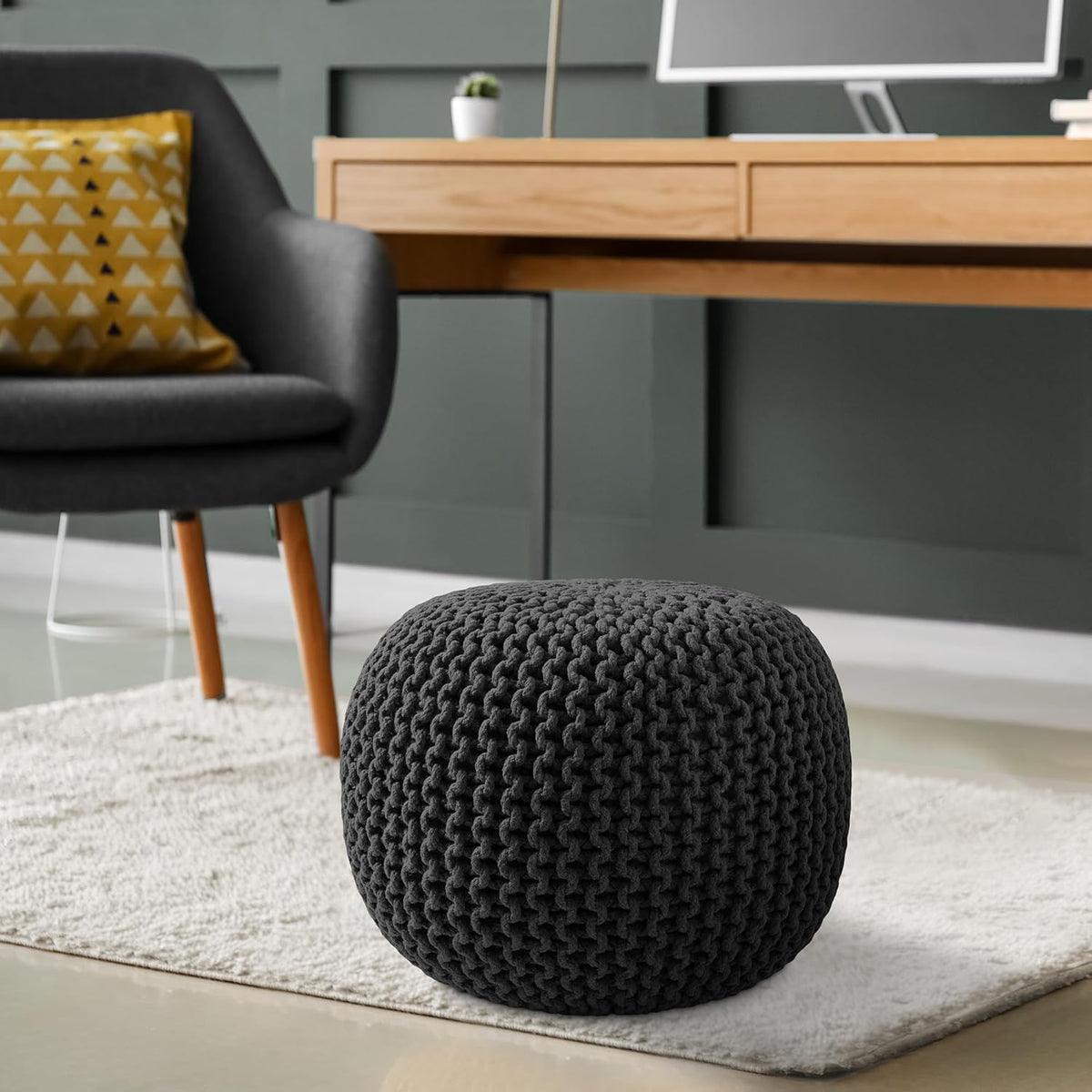 Casafield Round Pouf Ottoman, Black - 20" Diameter x 14.5" High Cotton Knit Foot Stool - Boho Floor