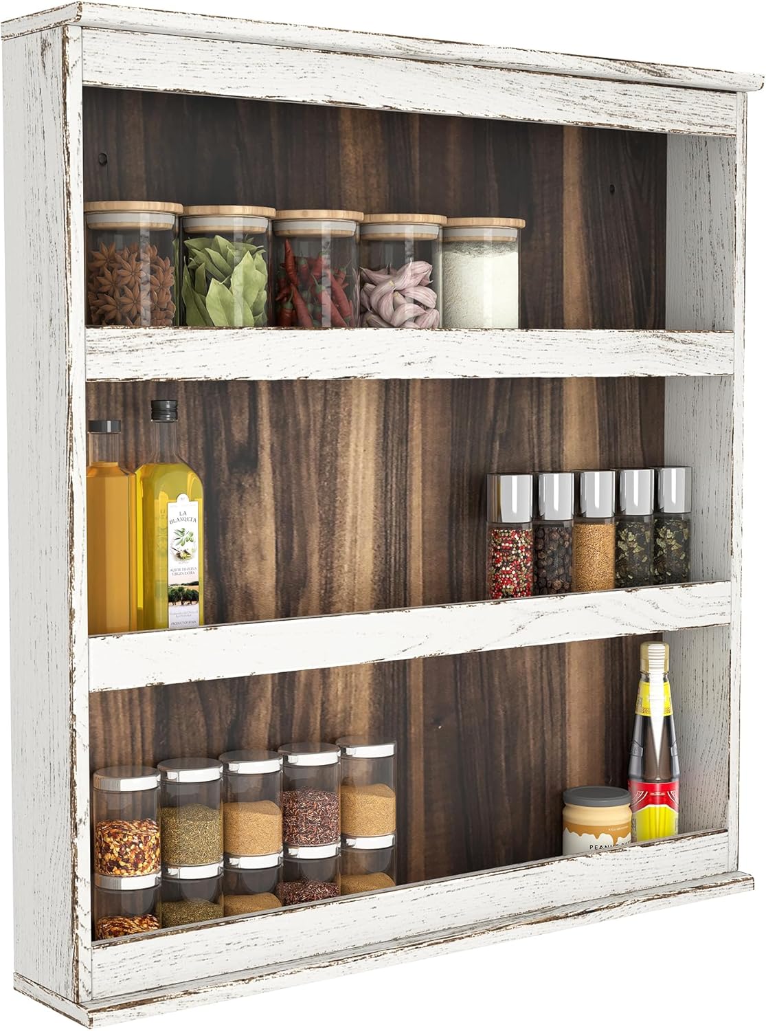 Nisorpa 3 Tier Spice Rack Wall Mount, Rustic Burnt Wood Wall Hanging Spice Rack Kitchen Spice Shelf