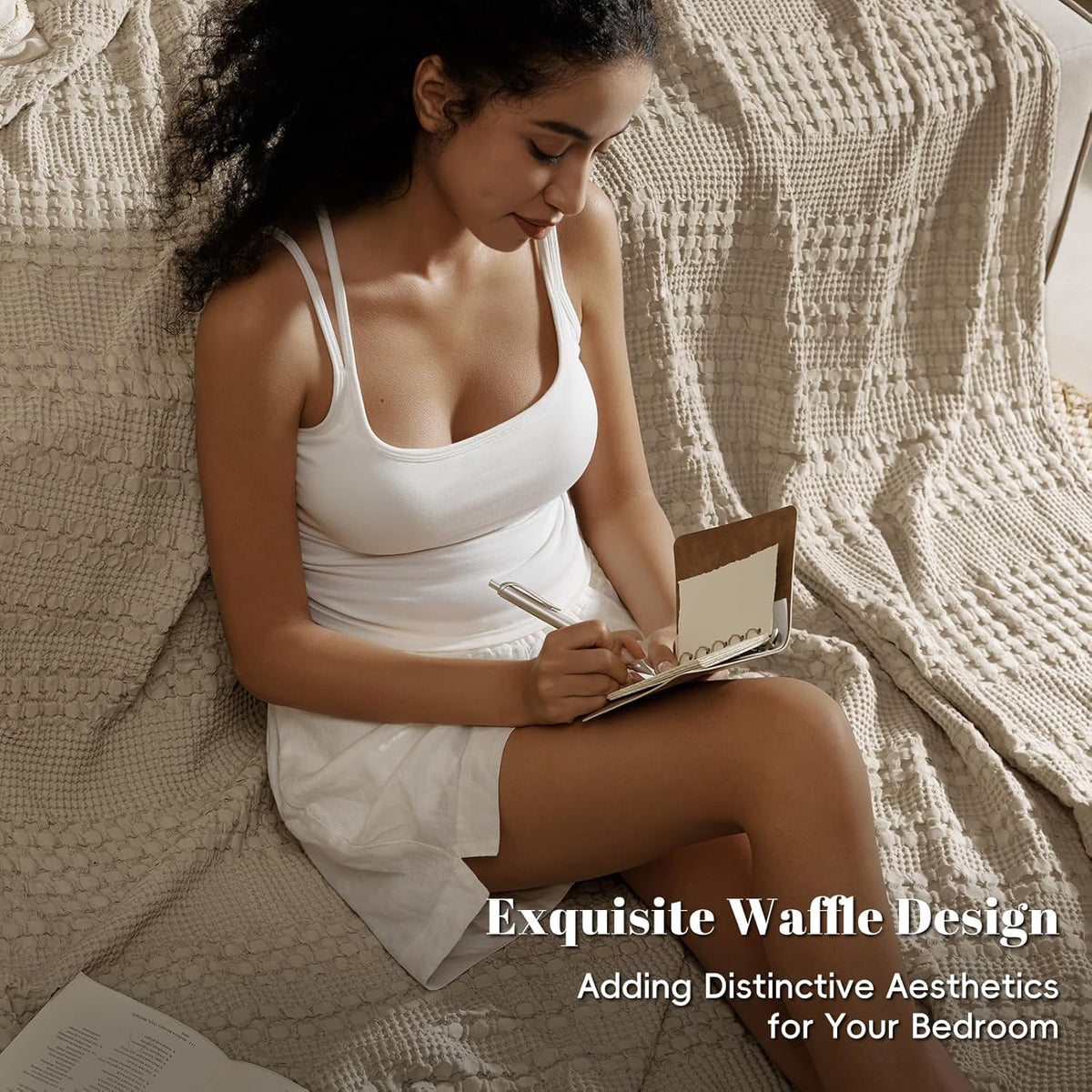 PHF 100% Cotton Waffle Weave Blanket Queen Size, Soft Lightweight Breathable Cozy Summer Blankets
