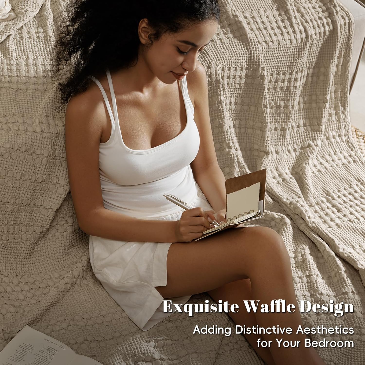 PHF 100% Cotton Waffle Weave Blanket Queen Size, Soft Lightweight Breathable Cozy Summer Blankets