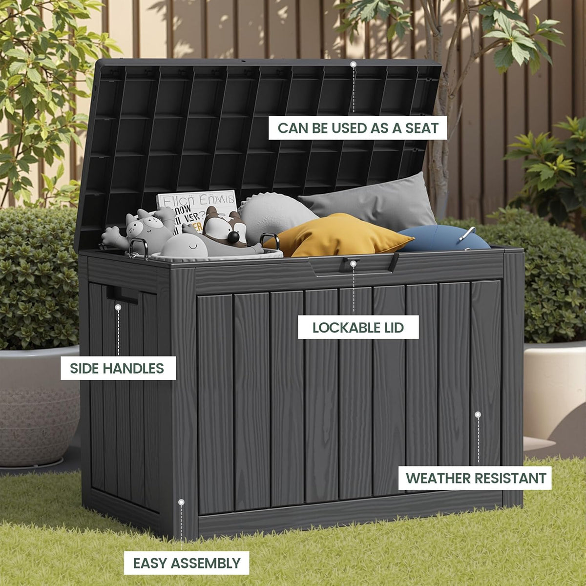 45 Outdoor Storage Box, Waterproof Resin Deck Box with Side Handles, Lockable Outdoor Bench for