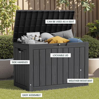 45 Outdoor Storage Box, Waterproof Resin Deck Box with Side Handles, Lockable Outdoor Bench for