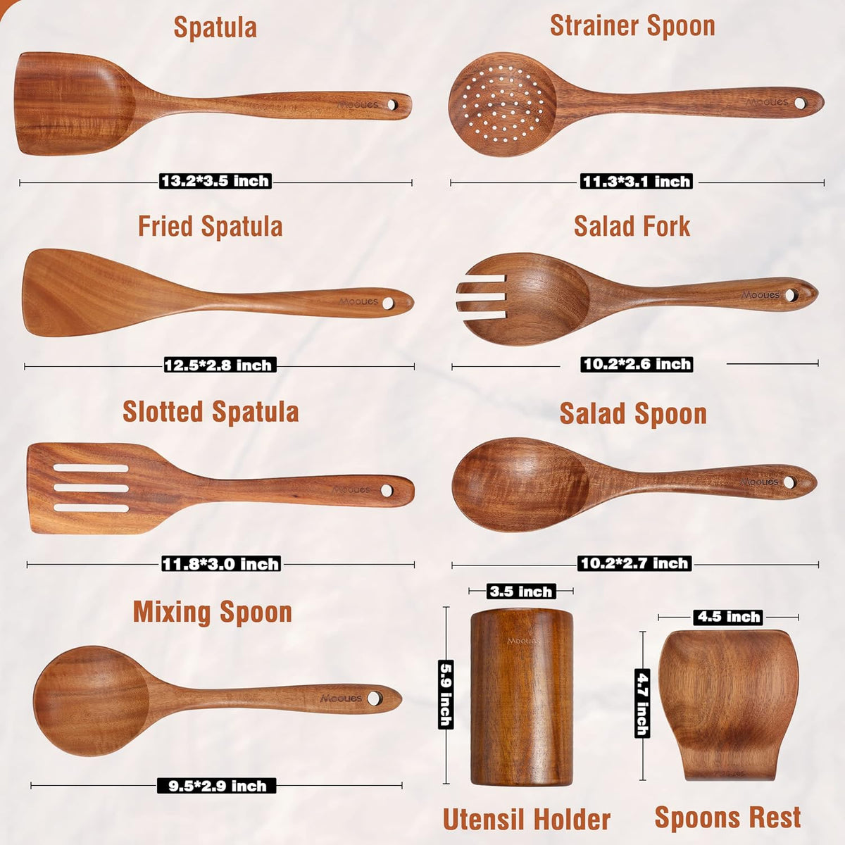9 Piece Natural Teak Wooden Kitchen Utensil Set with Spoon Rest - Comfort Grip Cooking Spoons and