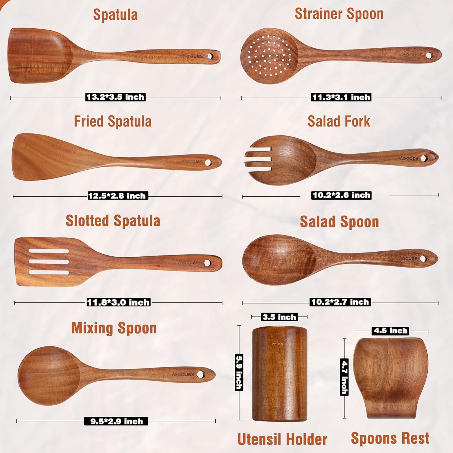 9 Piece Natural Teak Wooden Kitchen Utensil Set with Spoon Rest - Comfort Grip Cooking Spoons and