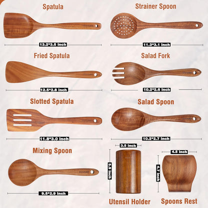 9 Piece Natural Teak Wooden Kitchen Utensil Set with Spoon Rest - Comfort Grip Cooking Spoons and