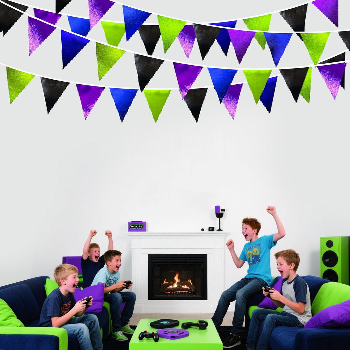 Video Game Party Decorations Black Blue Green Purple Metallic Fabric Triangle Pennant Banner Flag