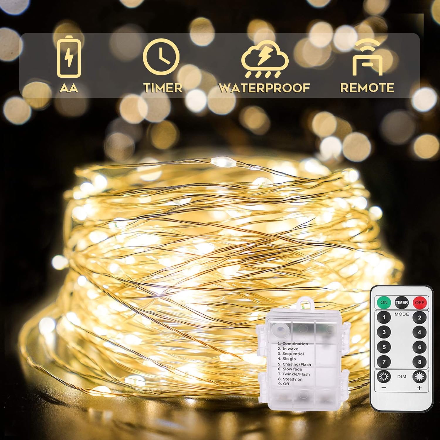 suddus 66ft 200 LED Outdoor String Lights, Warm White Christmas Fairy Light Battery Operated with