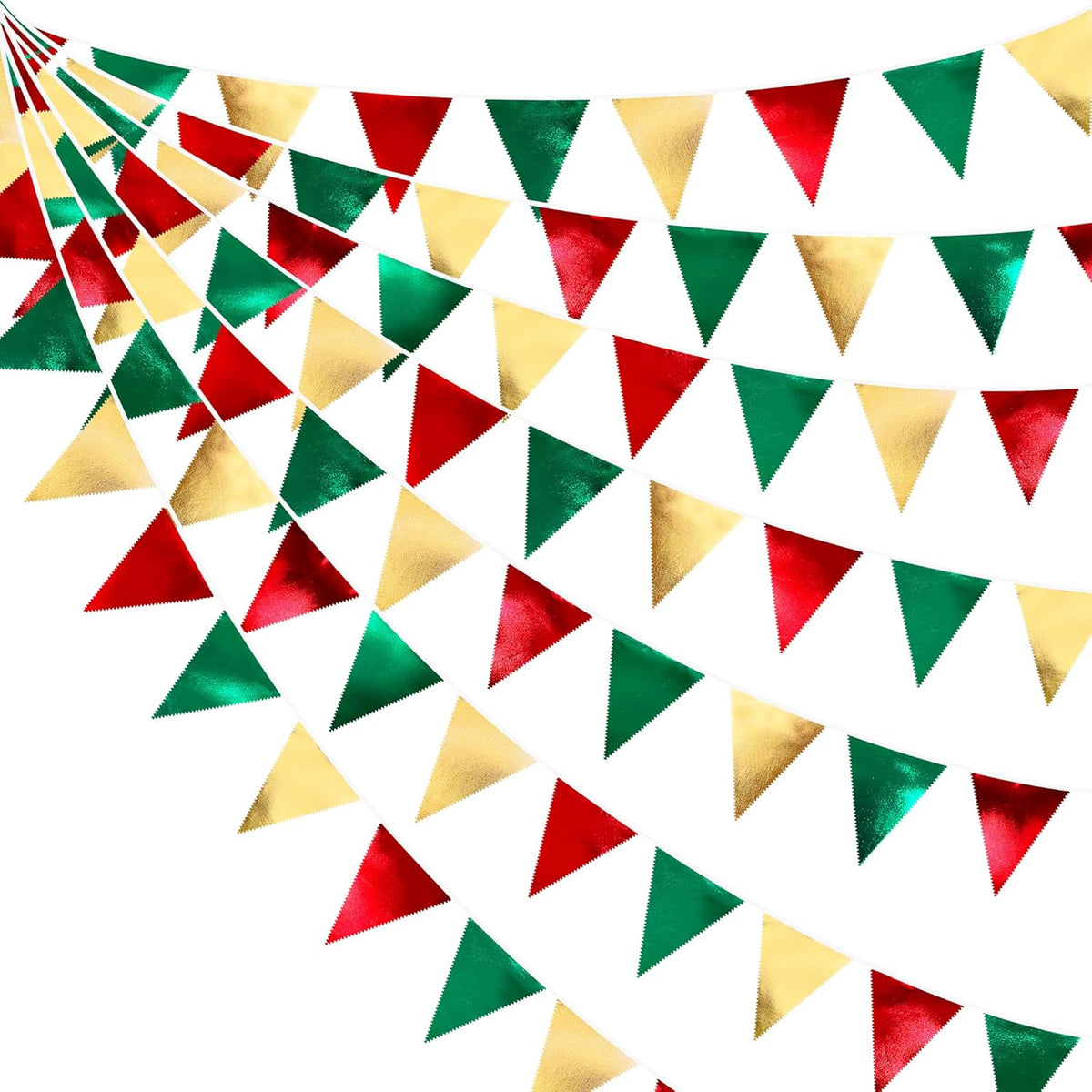 Christmas Party Decorations Triangle Pennant Banner Flag Red Green Gold Metallic Fabric Bunting