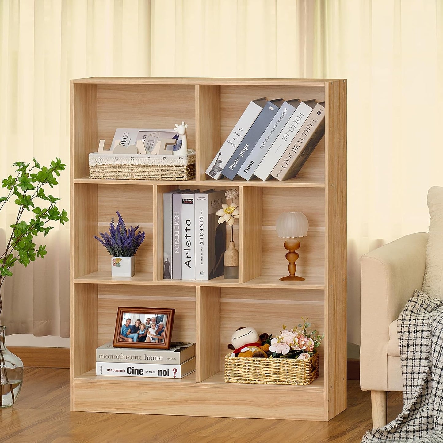 LEYAOYAO 7 Cube Bookshelf with Wood Base,Natural 3 Tier Mid-Century Modern Bookcase,Standing Wide