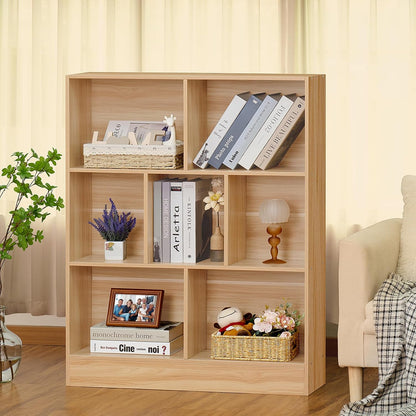 LEYAOYAO 7 Cube Bookshelf with Wood Base,Natural 3 Tier Mid-Century Modern Bookcase,Standing Wide