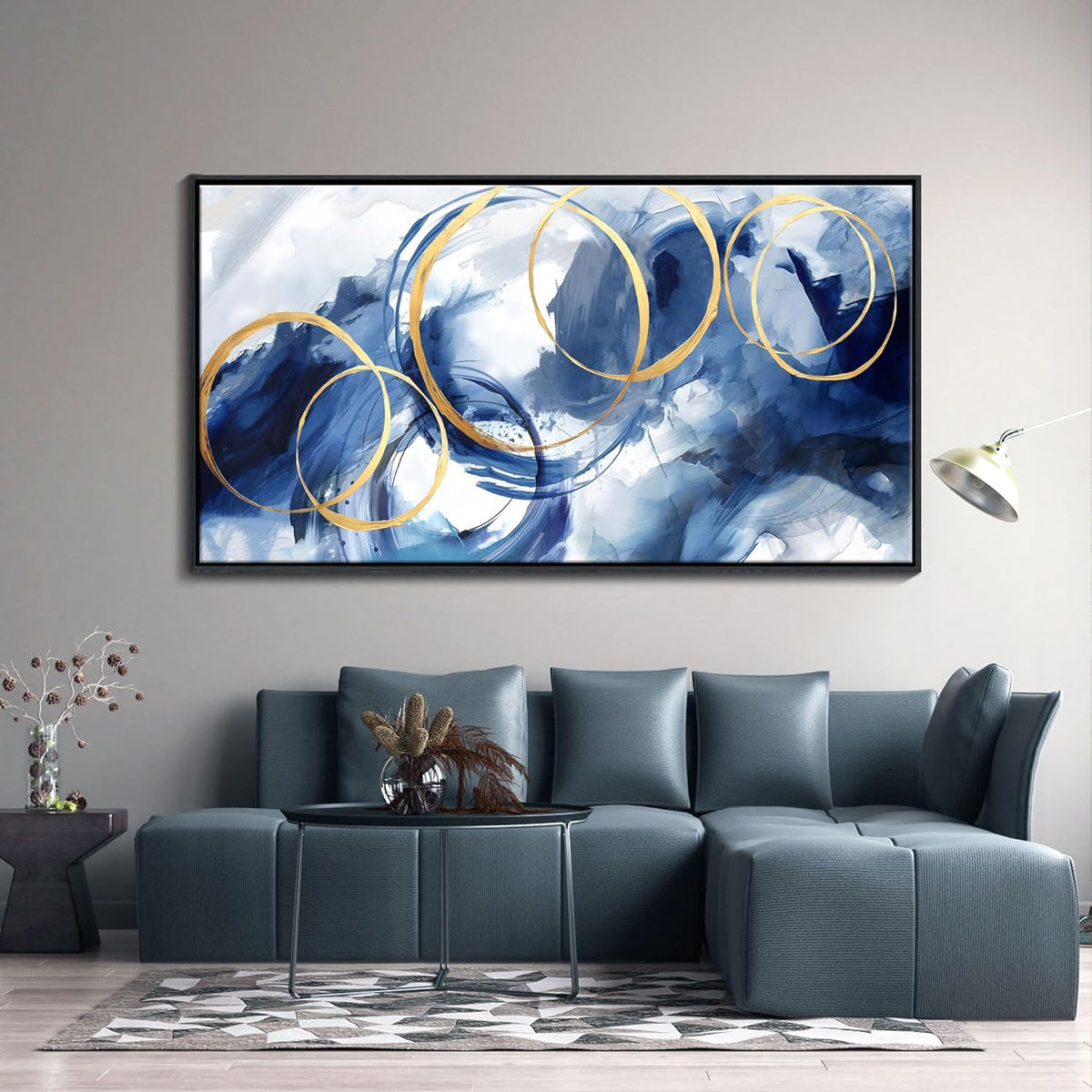 Framed Abstract Wall Art Blue Modern Art Wall Decor Artwork For Living Room Huge Wall Canvas Office