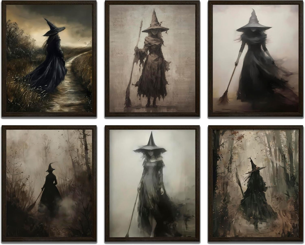LANCHI95 6 Pcs 8x10in Vintage Rustic Witch Posters Halloween Wall Art Witch in The Forest Painting