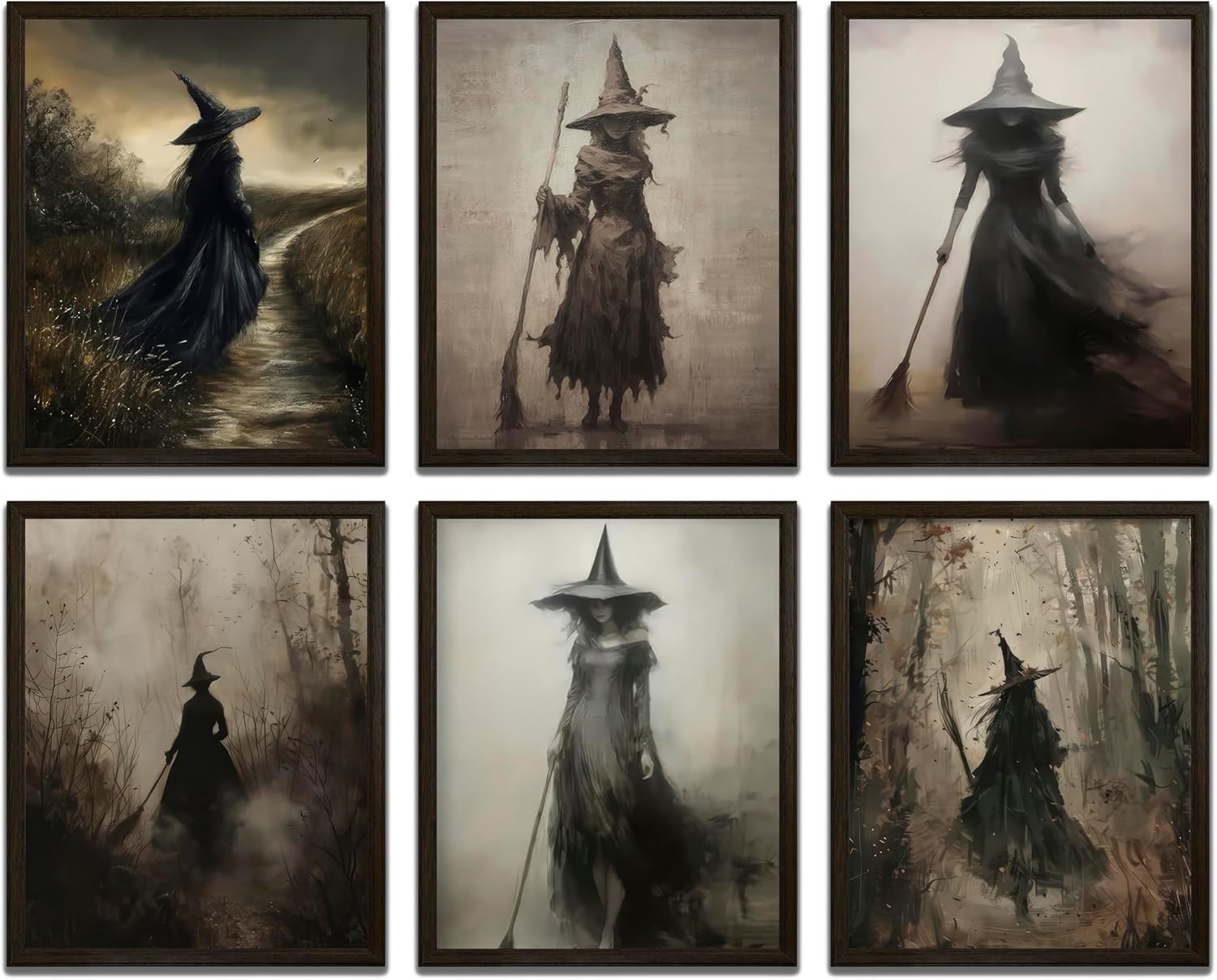 LANCHI95 6 Pcs 8x10in Vintage Rustic Witch Posters Halloween Wall Art Witch in The Forest Painting