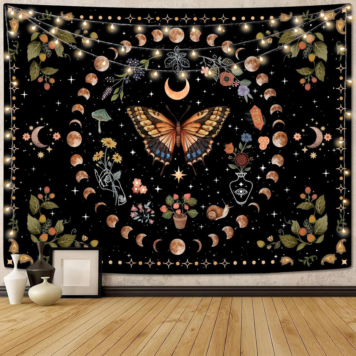 Aipon Yellow Butterfly Moon Flower Tapestry Botanical Floral Plant Boho Tapestry for Bedroom