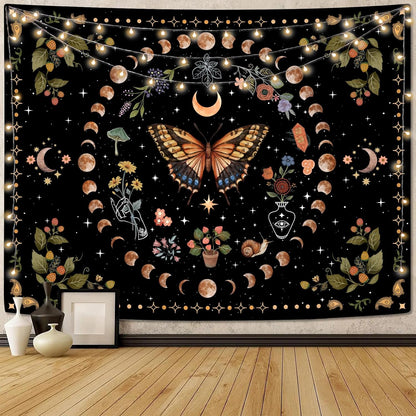 Aipon Yellow Butterfly Moon Flower Tapestry Botanical Floral Plant Boho Tapestry for Bedroom