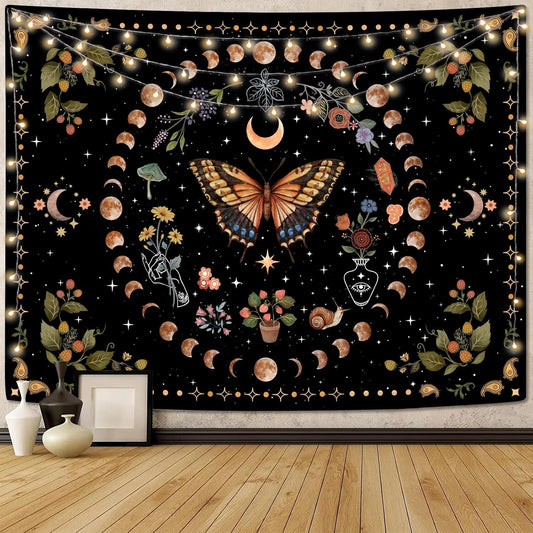 Aipon Yellow Butterfly Moon Flower Tapestry Botanical Floral Plant Boho Tapestry for Bedroom