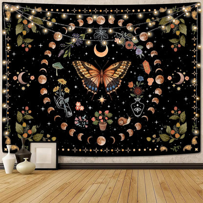 Aipon Yellow Butterfly Moon Flower Tapestry Botanical Floral Plant Boho Tapestry for Bedroom