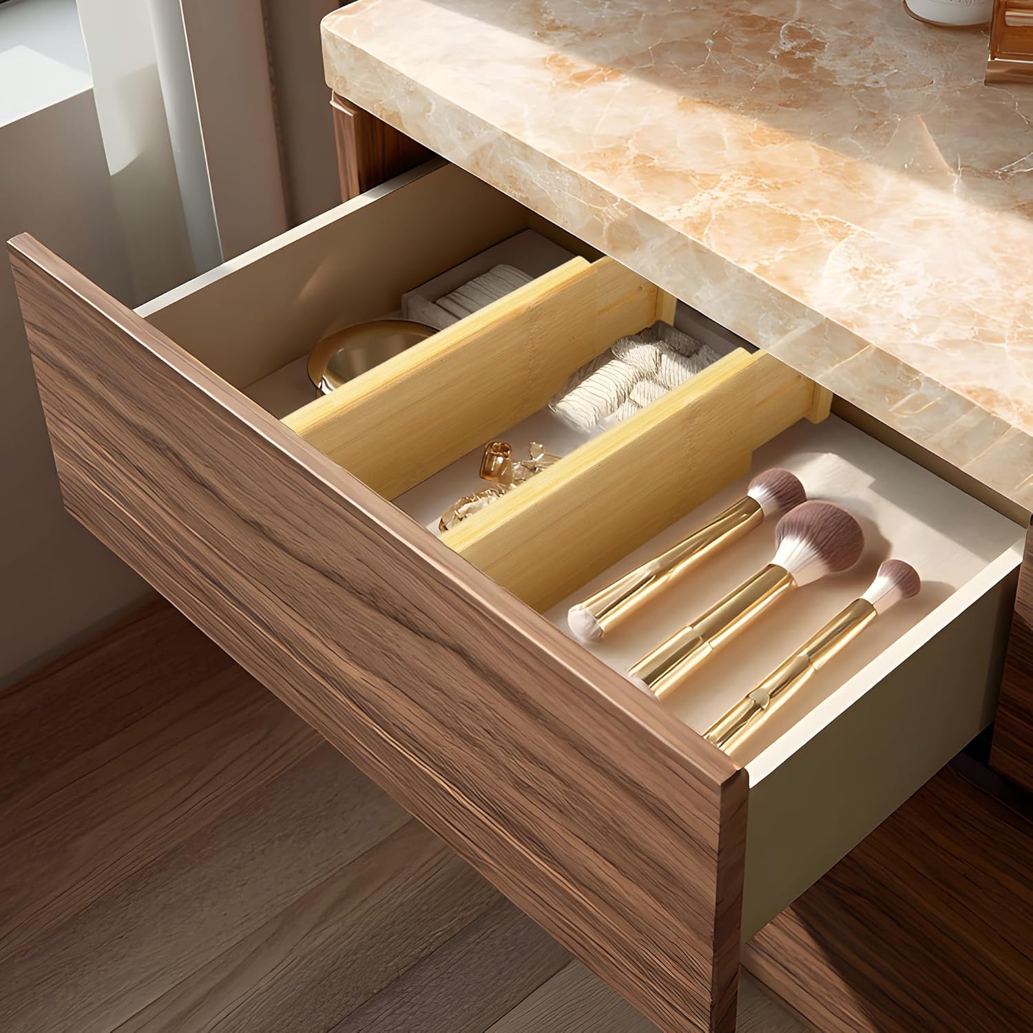 VaeFae 3 Pack Bamboo Drawer Dividers, 4" High Adjustable 11.9-17.1" Clothes Drawer Organizers