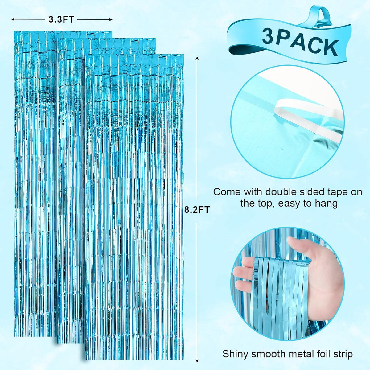 3 Pack 3.3x8.2 Feet Light Blue Foil Fringe Backdrop Curtains, Tinsel Streamers Birthday Party
