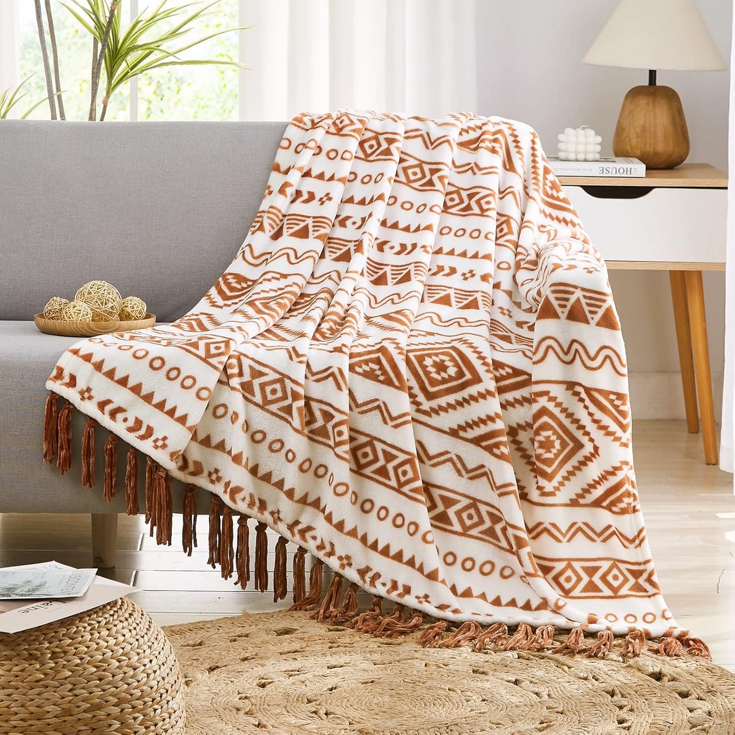 CASAAGUSTO Boho Throw Blanket - Terrcotta Decorative Blankets with Tassel, Printed Flannel Bohemian