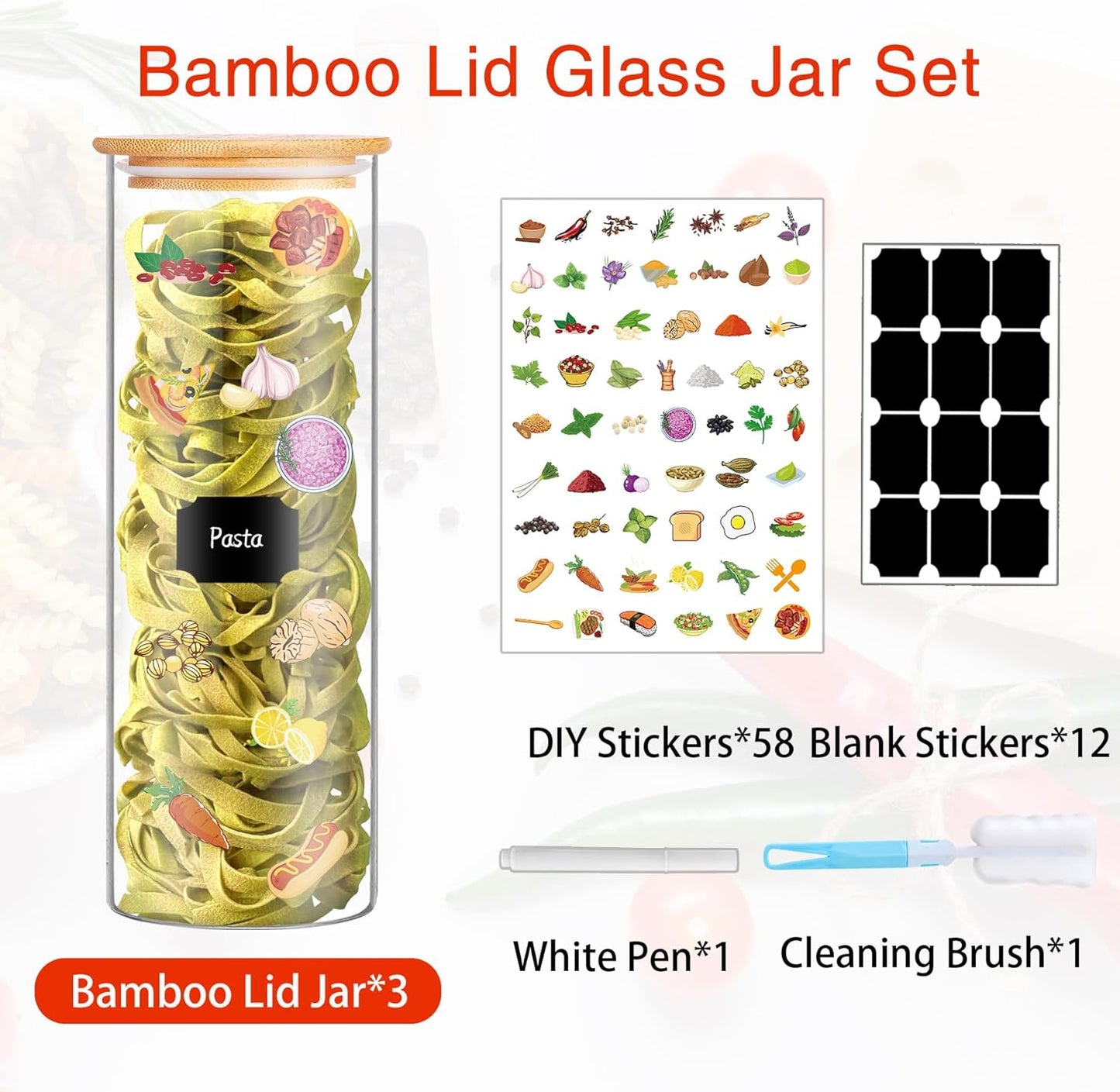 Glass Jars with Bamboo Lids, 72oz 3Pcs Kitchen Glass Containers with Bamboo Lids, Airtight Glass