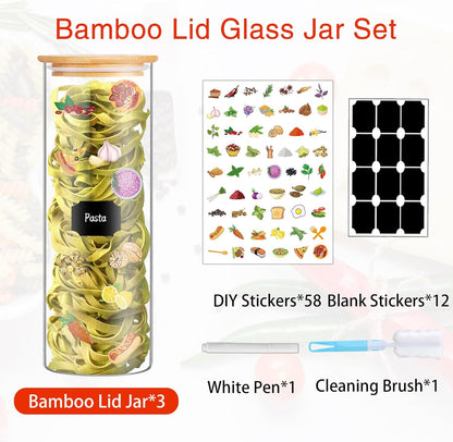 Glass Jars with Bamboo Lids, 72oz 3Pcs Kitchen Glass Containers with Bamboo Lids, Airtight Glass