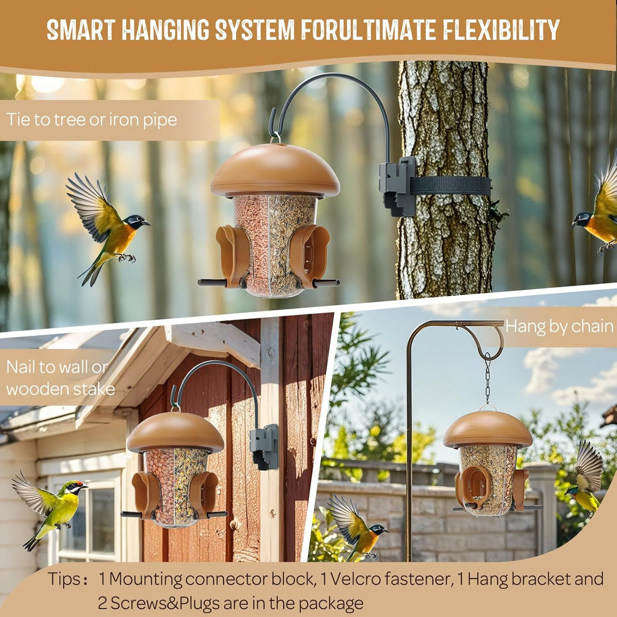 LONA Bird Feeders for Outdoors Hanging – 3 Separate Compartments, 3 Feeding Ports, Weatherproof