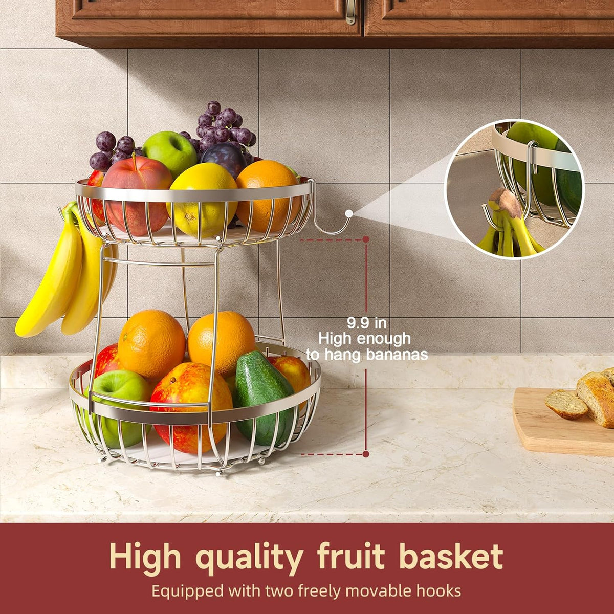 2 Tier Fruit Basket for Kitchen Counter with 2 Banana Hangers, Metal Stackable Fruit Bowl for