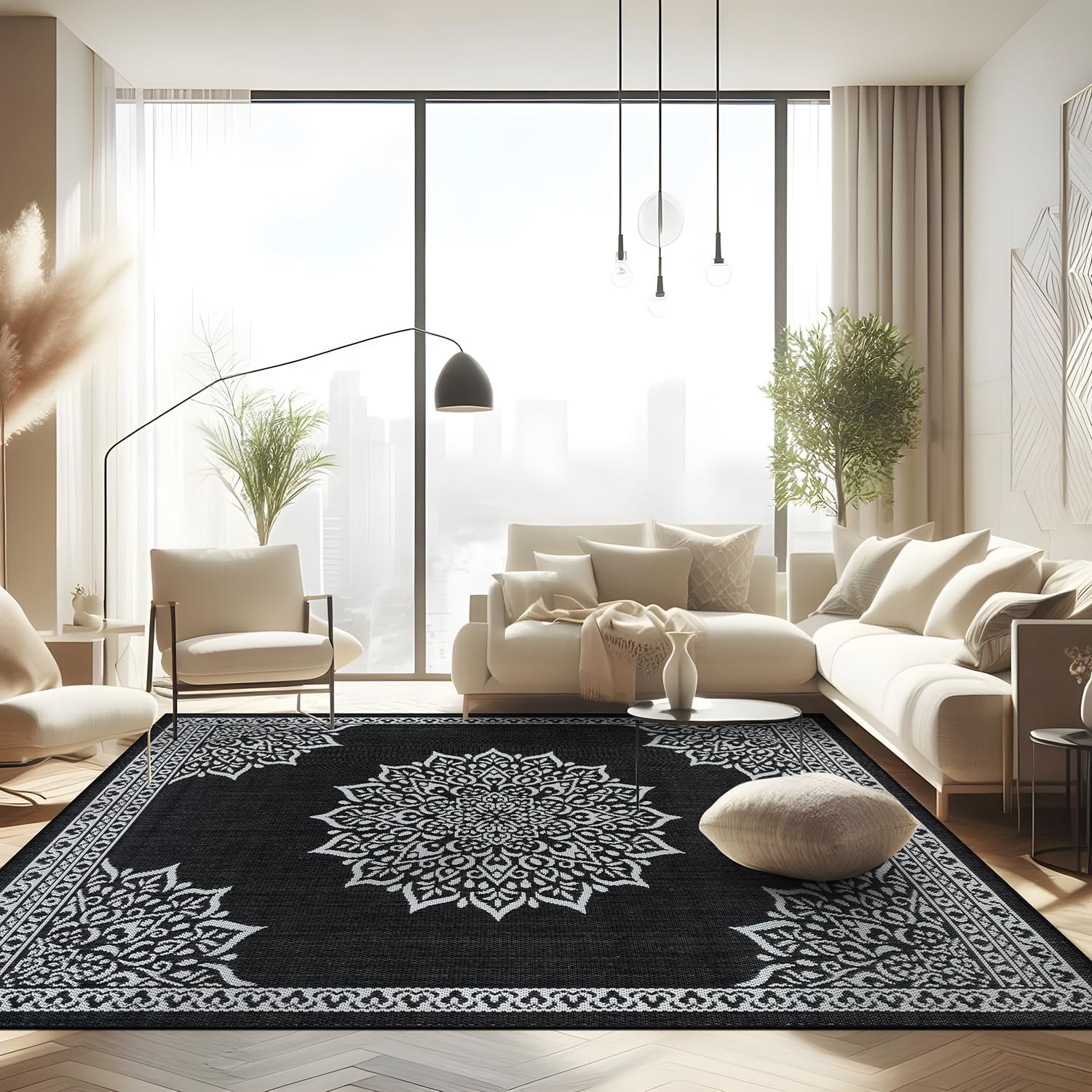 CAMILSON Outdoor Rug, 9x12 Medallion Black White Modern Area Rugs for Large Indoor and Outdoor
