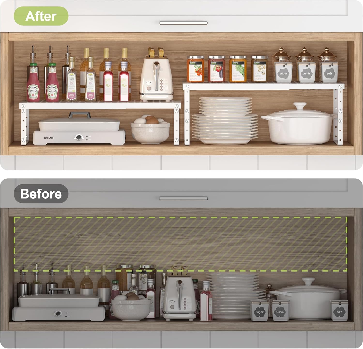 Expandable Cabinet Organizer Shelf With Adjustable Height, Stackable Kitchen Countertop Organizer