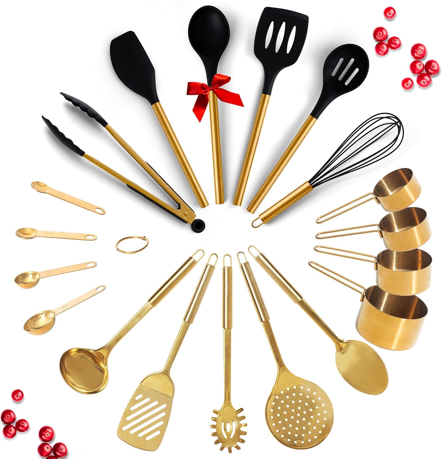 Black and Gold Kitchen Utensils Set - 19-PC Set Includes Stainless Steel and Silicone Cooking