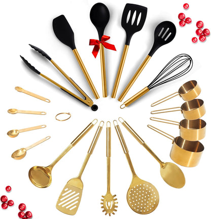 Black and Gold Kitchen Utensils Set - 19-PC Set Includes Stainless Steel and Silicone Cooking