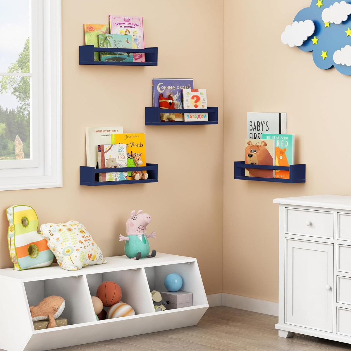 Forbena Navy Blue Floating Book Shelves for Nursery Boy, Decorative Wall Bookshelf for Kids Room