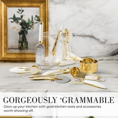 White & Gold Cooking Utensils Set - Luxe 8-Piece Kitchen Gadget Set Includes Can Opener, Tongs and