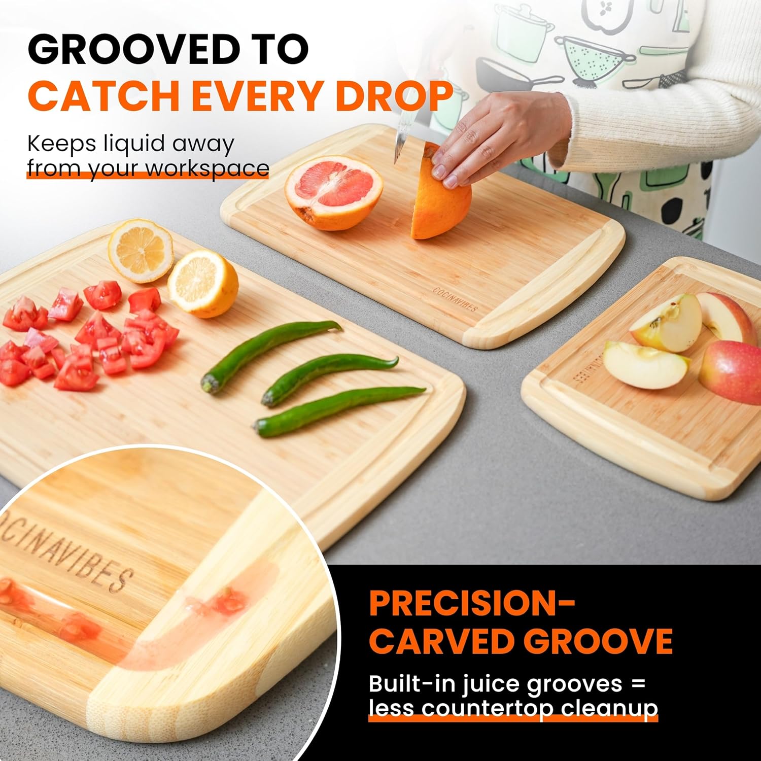 Bamboo Cutting Board Set – Charcuterie & Chopping Boards for Kitchen, Large & Small Sizes, Safe