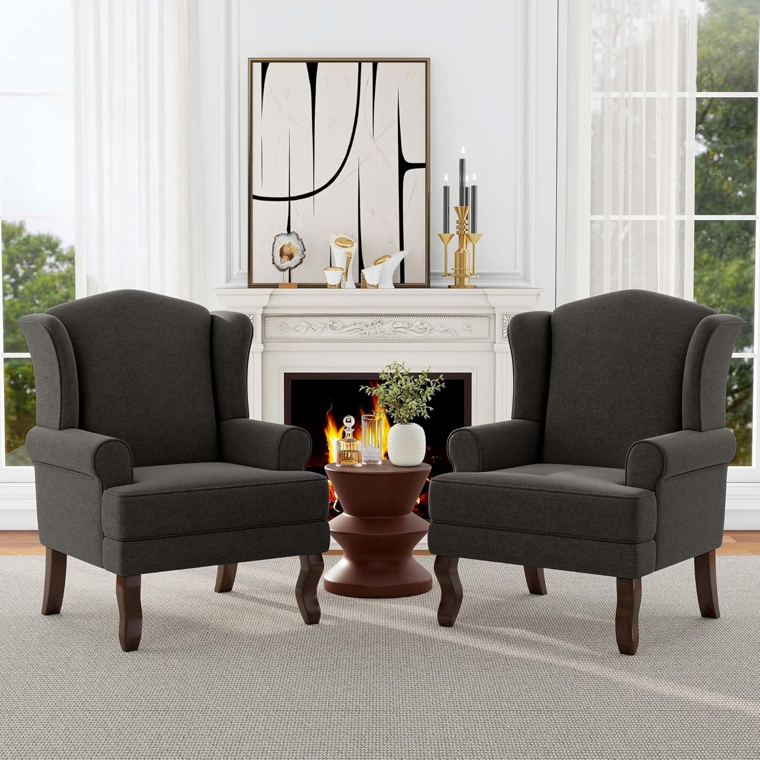 Accent Chair, High Back Upholstered Armchair with High Resilience Sponge & Wood Legs, Mid-Century