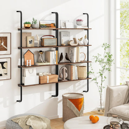Giantex 4-Tier Industrial Bookshelf Set of 2, Wall Mounted Pipe Shelving Unit, Floating Shelves