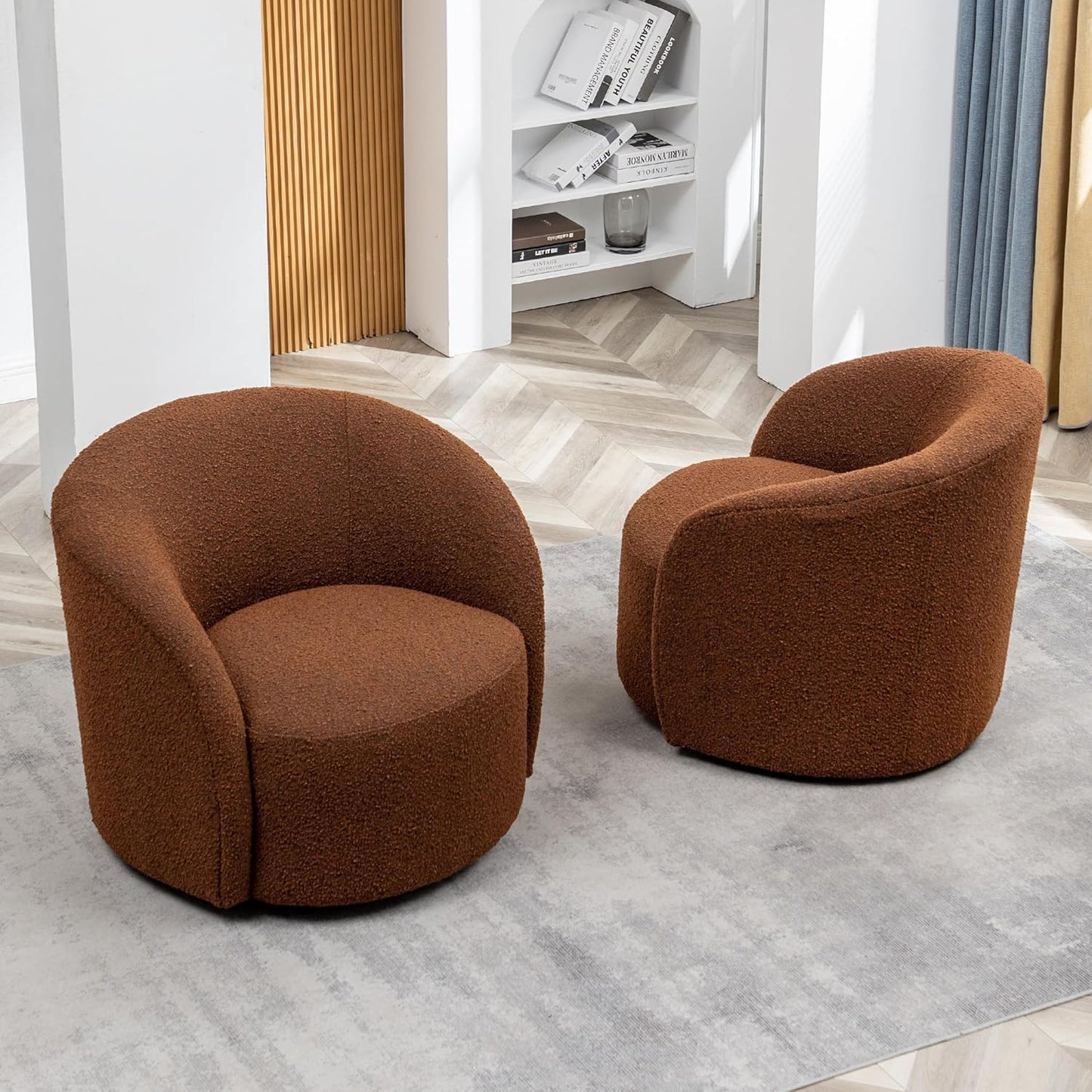 KINWELL 34" W Swivel Barrel Chair Set of 2, Mid Century Modern Round Upholstered Boucle Swivel